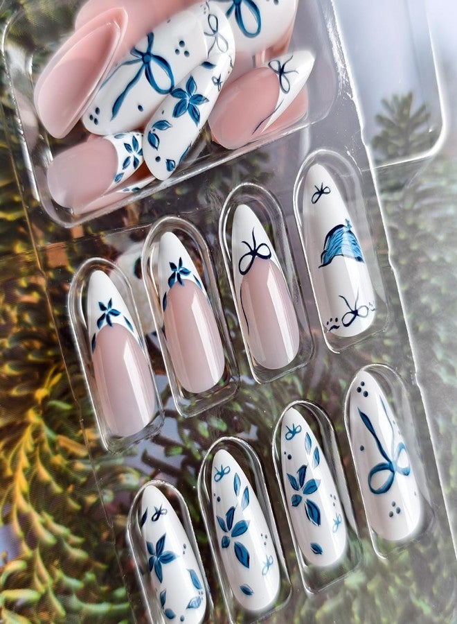 OSTTMA 24Pcs French Press on Nails Medium Almond Fake Nails Blue Flower Bow Nail Art Designs Floral Acrylic Nails Full Cover Flowers False Nail Tips Reusable Glue on Nails for Women Manicure Decoration - Image 5
